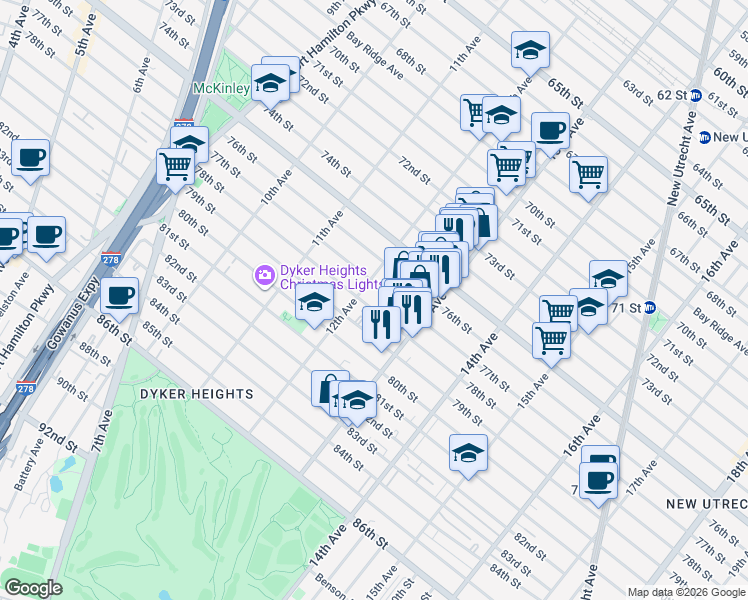 map of restaurants, bars, coffee shops, grocery stores, and more near 1232 77th Street in Brooklyn