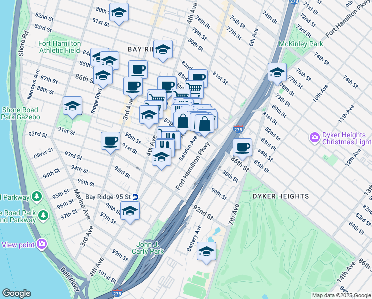 map of restaurants, bars, coffee shops, grocery stores, and more near 519 88th Street in Brooklyn