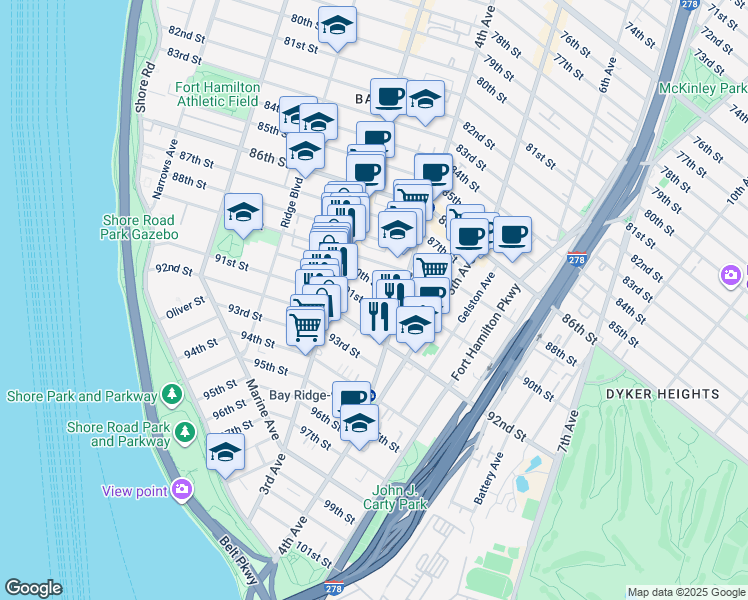 map of restaurants, bars, coffee shops, grocery stores, and more near 345 91st Street in Brooklyn