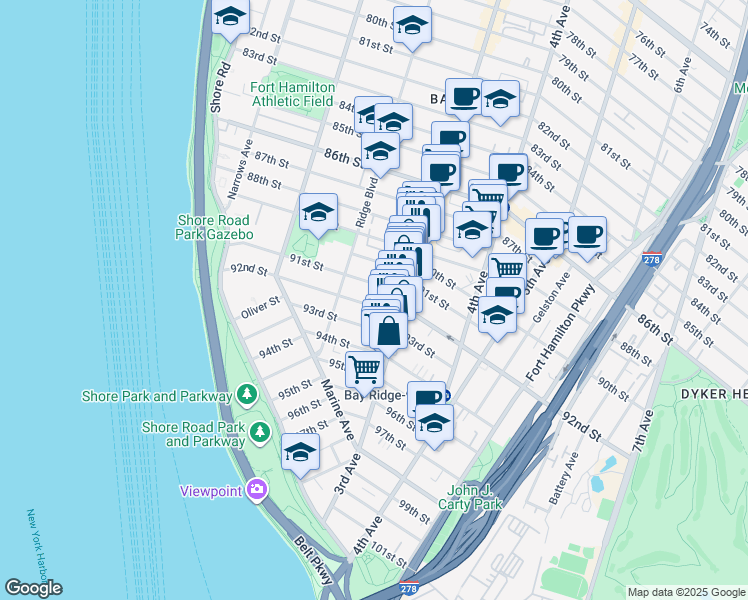 map of restaurants, bars, coffee shops, grocery stores, and more near 240 91st Street in Brooklyn