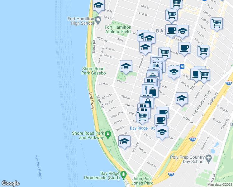 map of restaurants, bars, coffee shops, grocery stores, and more near 142 92nd Street in Brooklyn