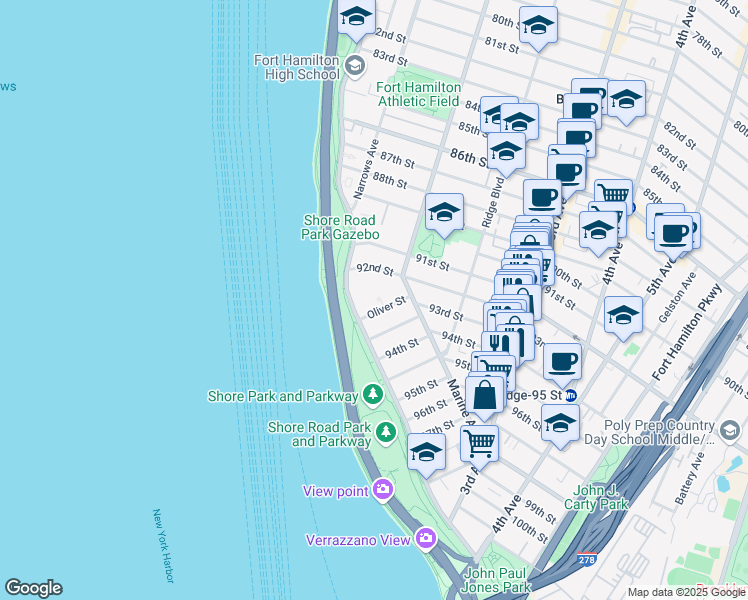 map of restaurants, bars, coffee shops, grocery stores, and more near 9229 Shore Road in Brooklyn