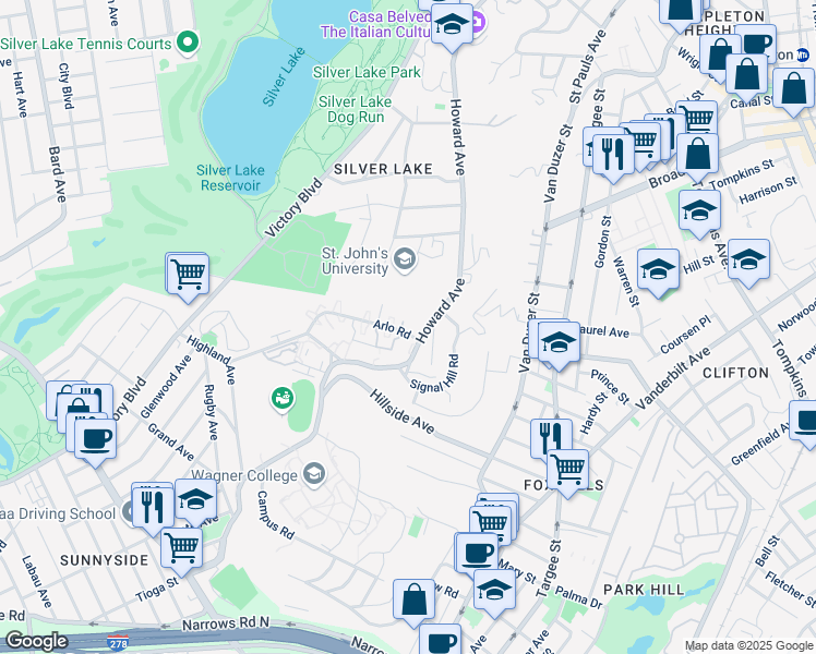 map of restaurants, bars, coffee shops, grocery stores, and more near 28 Arlo Road in Staten Island
