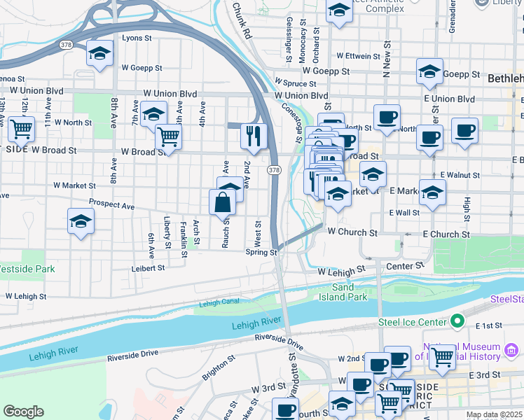 map of restaurants, bars, coffee shops, grocery stores, and more near 417 1st Avenue in Bethlehem
