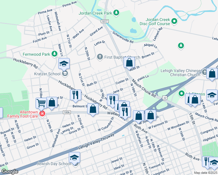 map of restaurants, bars, coffee shops, grocery stores, and more near 1620 State Route 1019 in Allentown