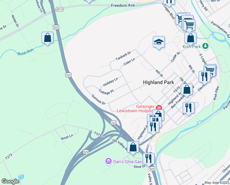 map of restaurants, bars, coffee shops, grocery stores, and more near 329 Cottage Place in Lewistown
