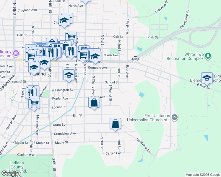 map of restaurants, bars, coffee shops, grocery stores, and more near 219 Washington Street in Indiana