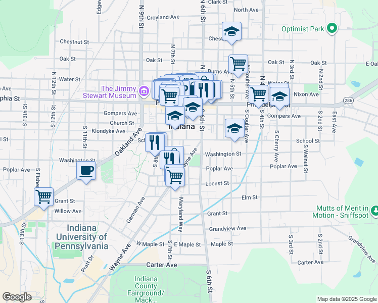 map of restaurants, bars, coffee shops, grocery stores, and more near 225 South Carpenter Avenue in Indiana