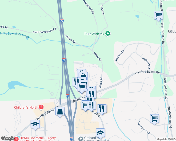 map of restaurants, bars, coffee shops, grocery stores, and more near 343 Marshall Heights Drive in Wexford