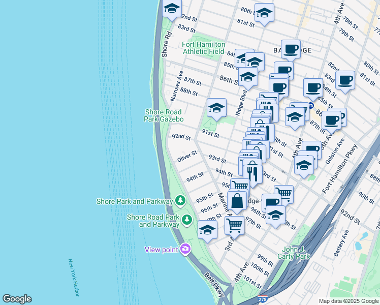 map of restaurants, bars, coffee shops, grocery stores, and more near 35 Oliver Street in Brooklyn