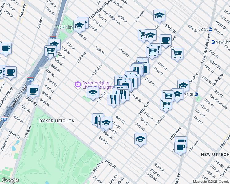map of restaurants, bars, coffee shops, grocery stores, and more near 1232 77th Street in Brooklyn