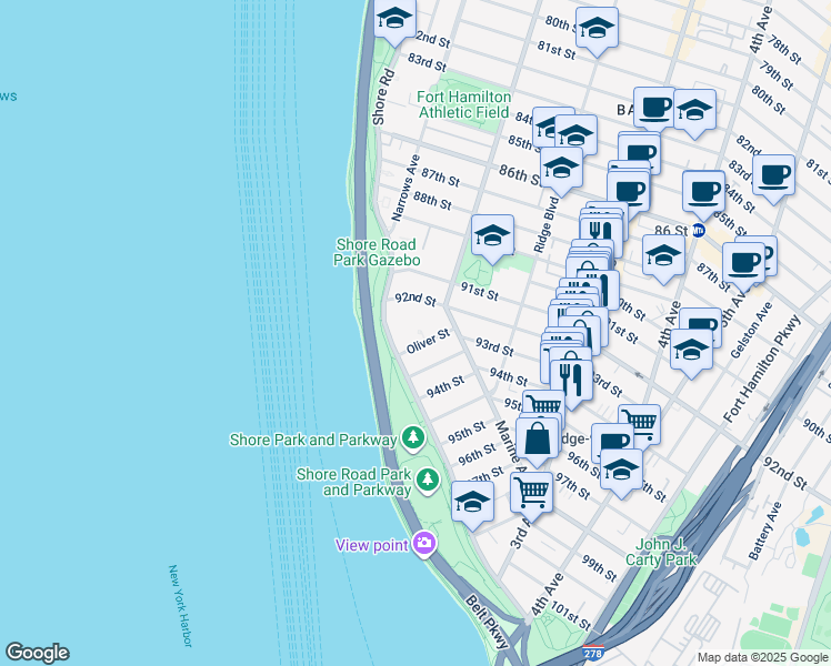map of restaurants, bars, coffee shops, grocery stores, and more near 9255 Shore Road in Brooklyn