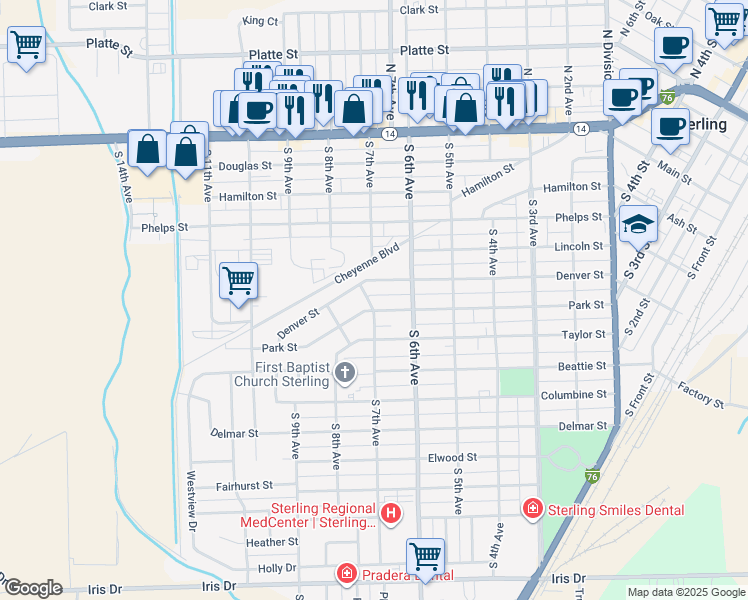 map of restaurants, bars, coffee shops, grocery stores, and more near 623 Denver Street in Sterling