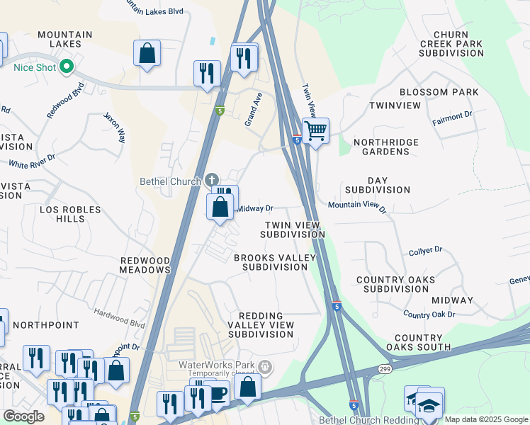 map of restaurants, bars, coffee shops, grocery stores, and more near 5425 Midway Drive in Redding