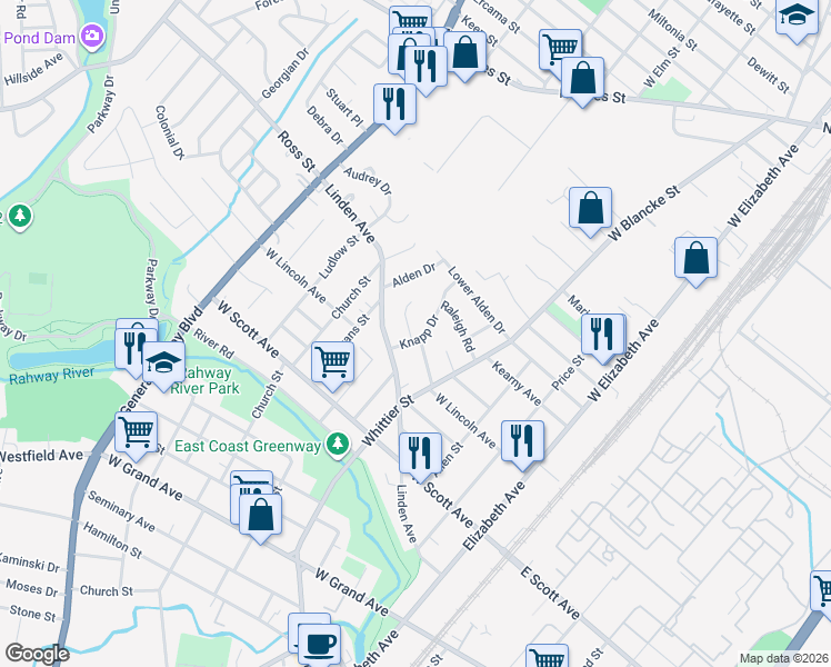 map of restaurants, bars, coffee shops, grocery stores, and more near 2288 Knapp Drive in Rahway