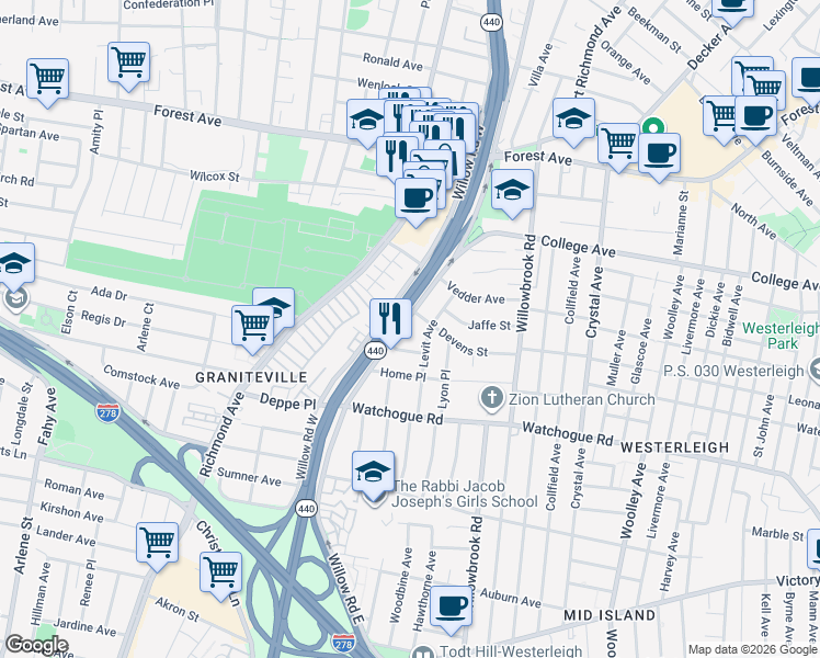 map of restaurants, bars, coffee shops, grocery stores, and more near 215 Willow Road East in Staten Island