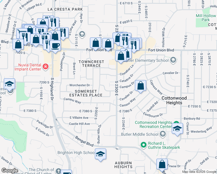 map of restaurants, bars, coffee shops, grocery stores, and more near 2245 Tompkins Drive in Cottonwood Heights