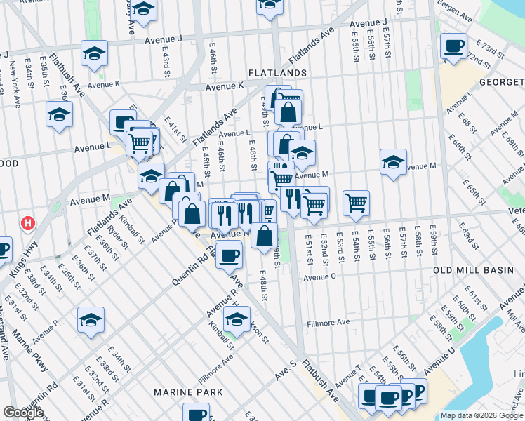 map of restaurants, bars, coffee shops, grocery stores, and more near 1662 East 48th Street in Brooklyn