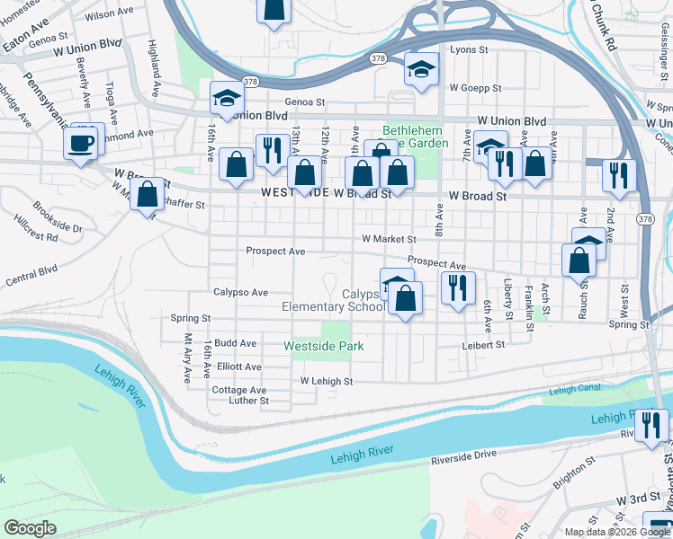 map of restaurants, bars, coffee shops, grocery stores, and more near 1200 Spring Street in Bethlehem
