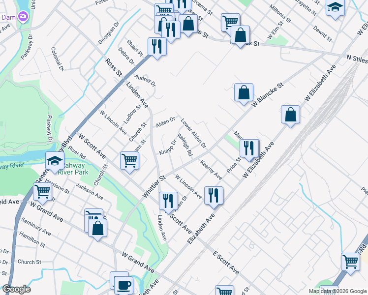 map of restaurants, bars, coffee shops, grocery stores, and more near 386 Raleigh Road in Rahway