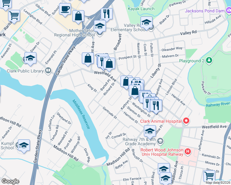 map of restaurants, bars, coffee shops, grocery stores, and more near 73 Prescott Turn in Clark