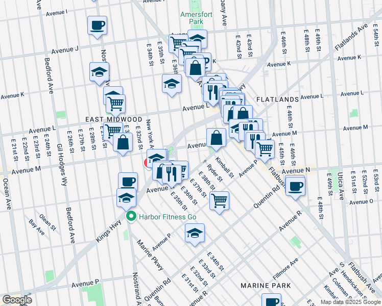 map of restaurants, bars, coffee shops, grocery stores, and more near 3606 Avenue M in Brooklyn