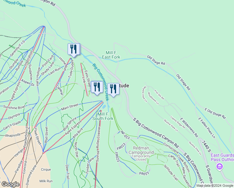 map of restaurants, bars, coffee shops, grocery stores, and more near 12000 Big Cottonwood Canyon Road in Solitude