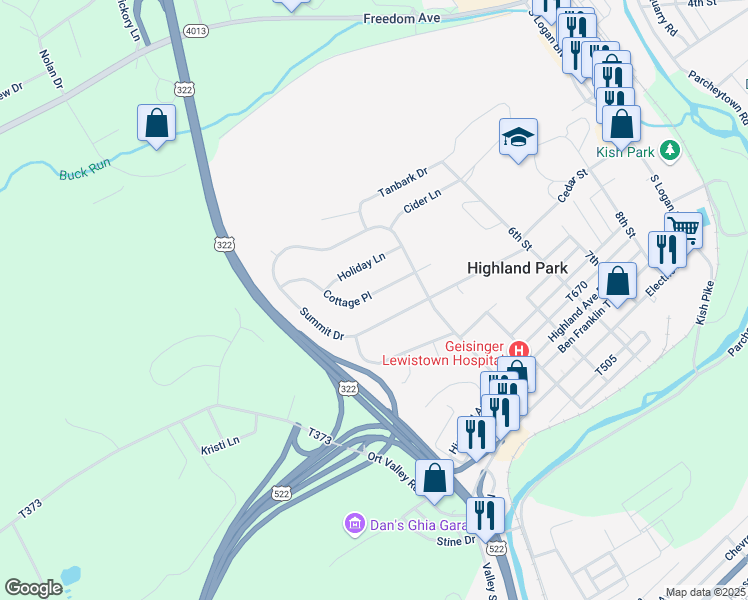 map of restaurants, bars, coffee shops, grocery stores, and more near 329 Cottage Place in Lewistown