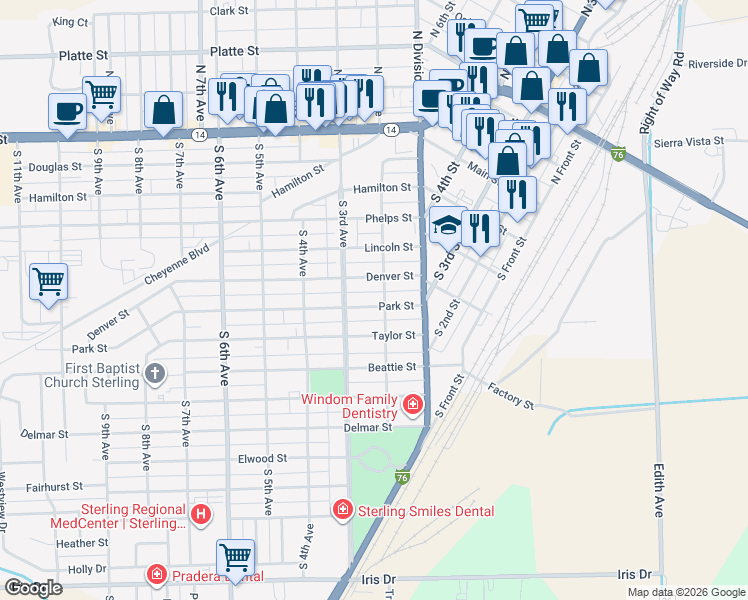 map of restaurants, bars, coffee shops, grocery stores, and more near 208 Park Street in Sterling
