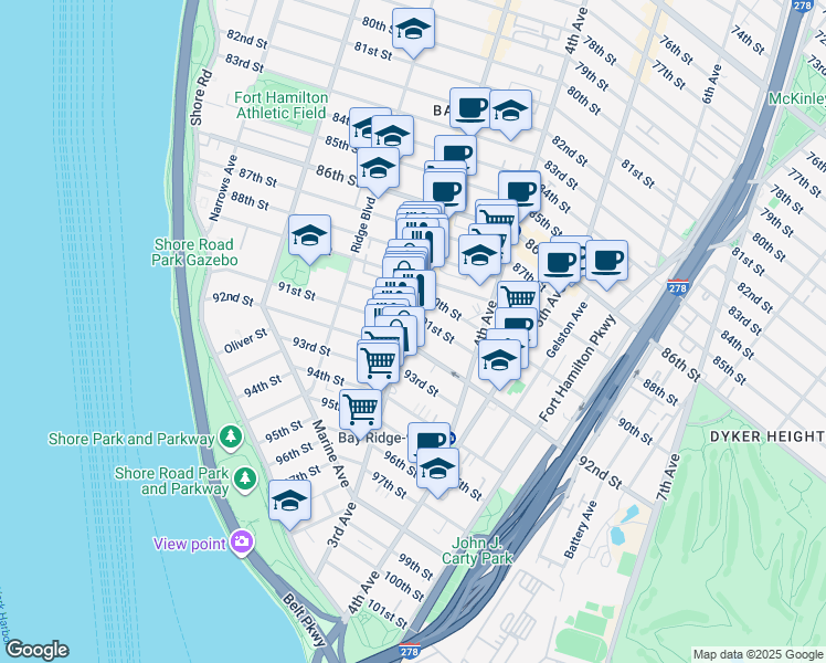 map of restaurants, bars, coffee shops, grocery stores, and more near 9115 3rd Avenue in Brooklyn