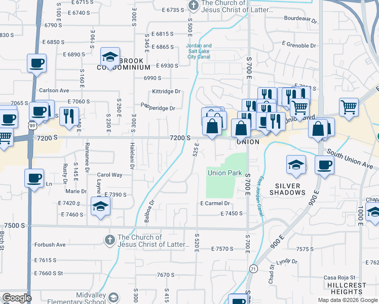map of restaurants, bars, coffee shops, grocery stores, and more near 7240 S 525 E in Midvale
