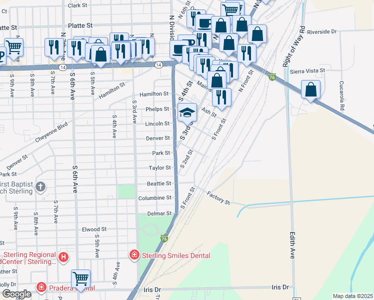 map of restaurants, bars, coffee shops, grocery stores, and more near 402 South 2nd Street in Sterling