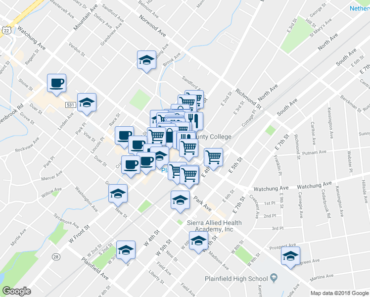 map of restaurants, bars, coffee shops, grocery stores, and more near 127 Watchung Avenue in Plainfield