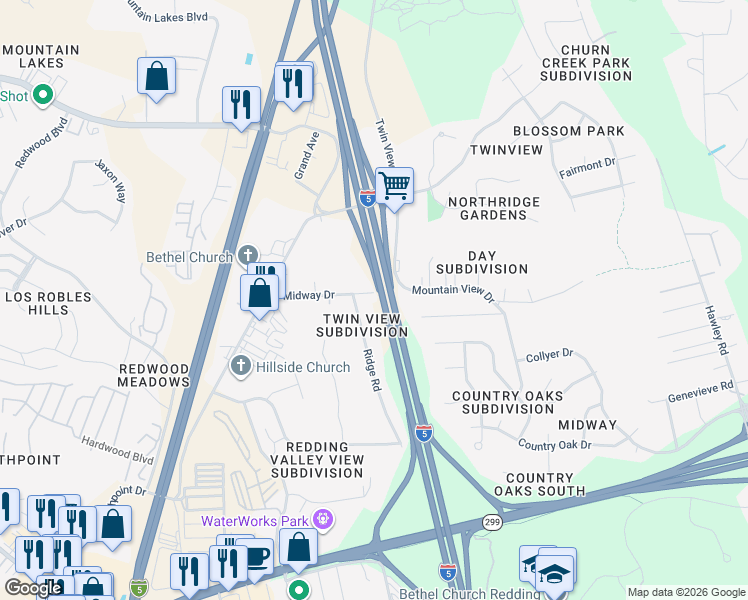 map of restaurants, bars, coffee shops, grocery stores, and more near 5537 Midway Dr in Redding