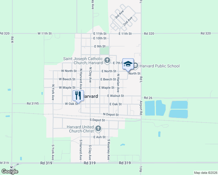 map of restaurants, bars, coffee shops, grocery stores, and more near 299 E Maple St in Harvard