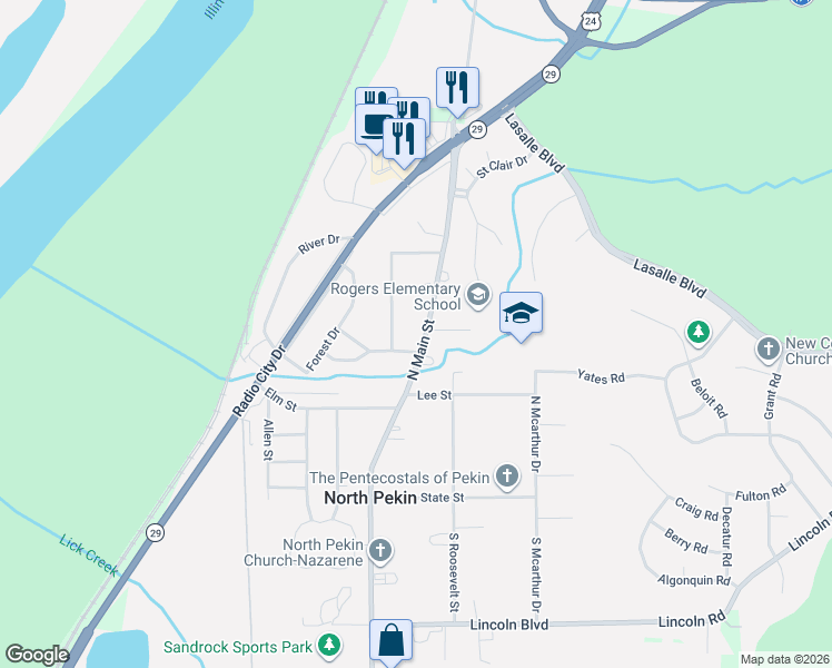 map of restaurants, bars, coffee shops, grocery stores, and more near 305 N Main St in North Pekin