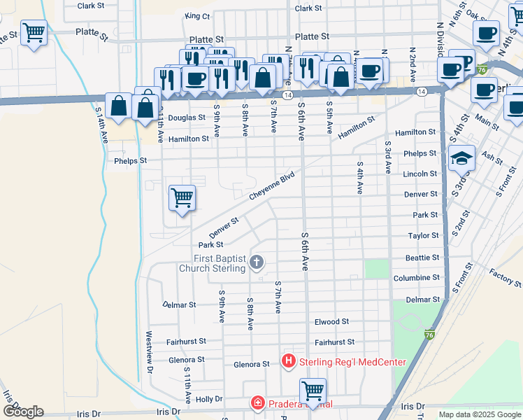 map of restaurants, bars, coffee shops, grocery stores, and more near 703 Denver Street in Sterling