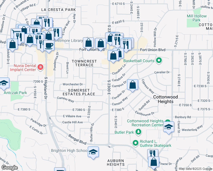 map of restaurants, bars, coffee shops, grocery stores, and more near 2288 Emerald Hills Court in Cottonwood Heights