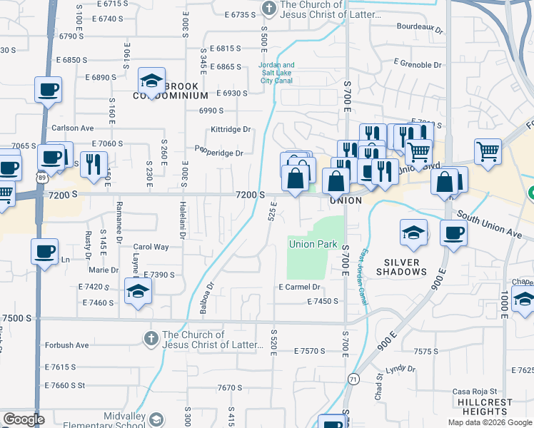 map of restaurants, bars, coffee shops, grocery stores, and more near 7240 South 525 East in Midvale