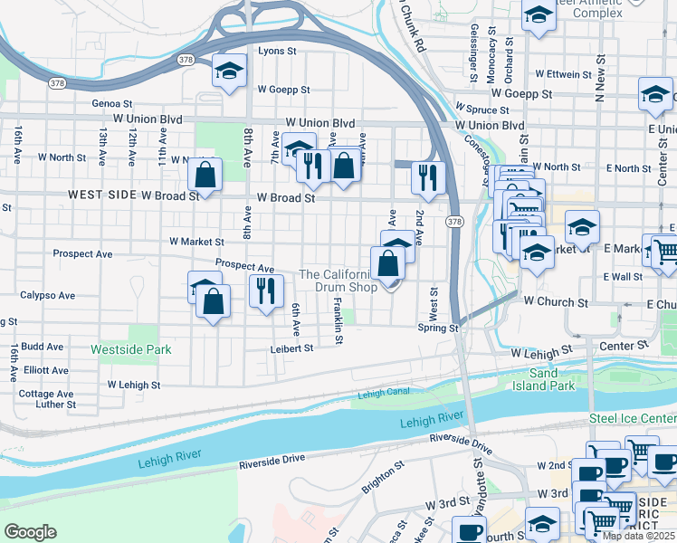 map of restaurants, bars, coffee shops, grocery stores, and more near 526 Prospect Avenue in Bethlehem