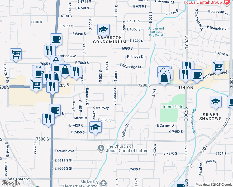 map of restaurants, bars, coffee shops, grocery stores, and more near 7245 South 300 East in Midvale