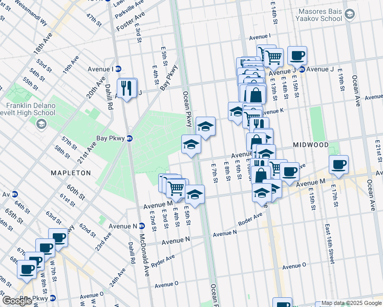 map of restaurants, bars, coffee shops, grocery stores, and more near 1176 Ocean Parkway in Brooklyn