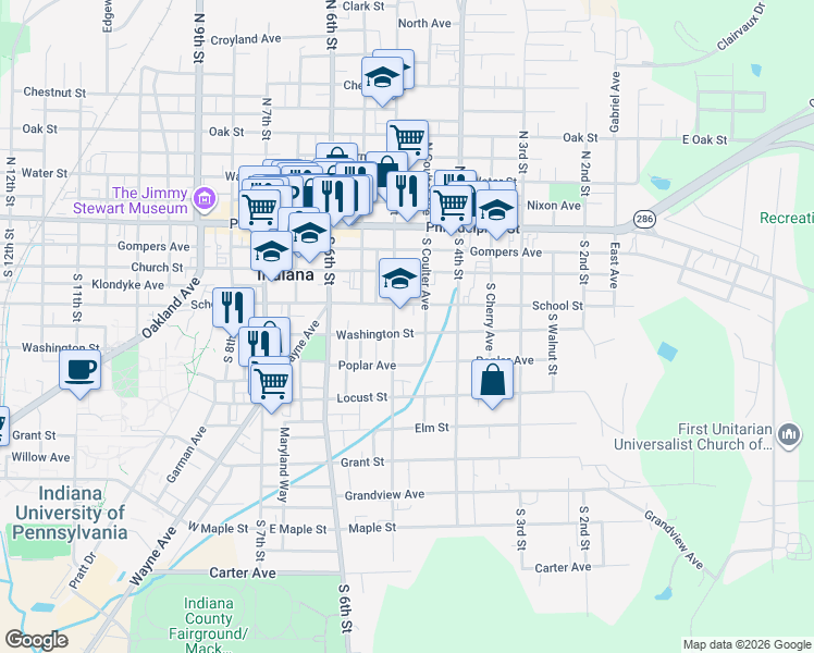 map of restaurants, bars, coffee shops, grocery stores, and more near 205 South 5th Street in Indiana