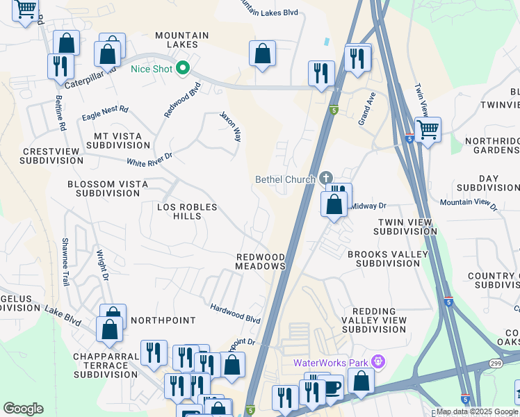 map of restaurants, bars, coffee shops, grocery stores, and more near 751 Redwood Boulevard in Redding
