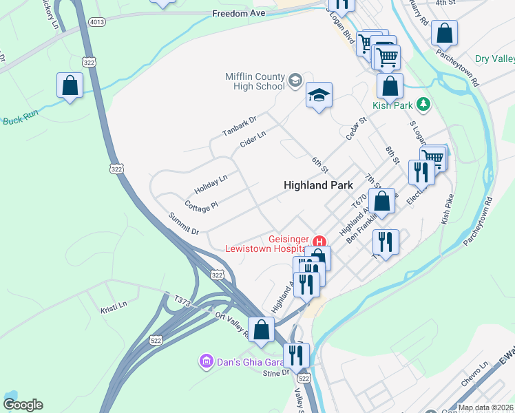map of restaurants, bars, coffee shops, grocery stores, and more near 301 Summit Drive in Lewistown