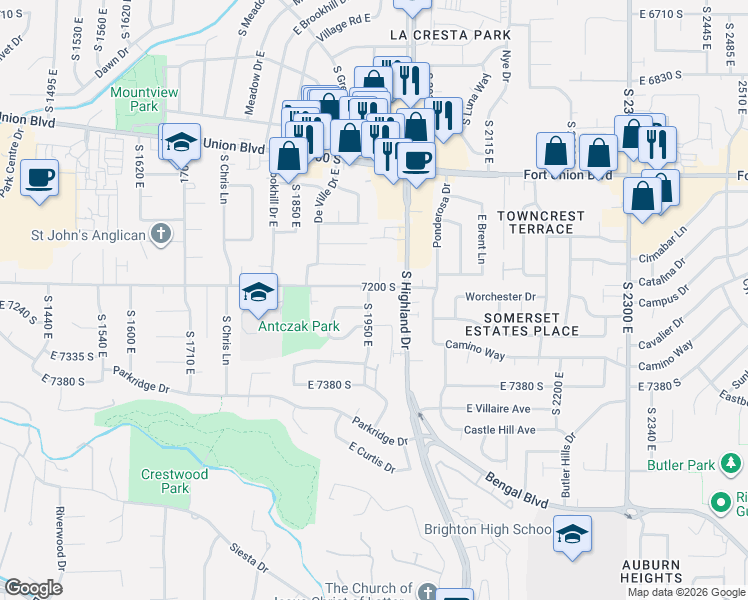 map of restaurants, bars, coffee shops, grocery stores, and more near 7223 South 1950 East in Cottonwood Heights