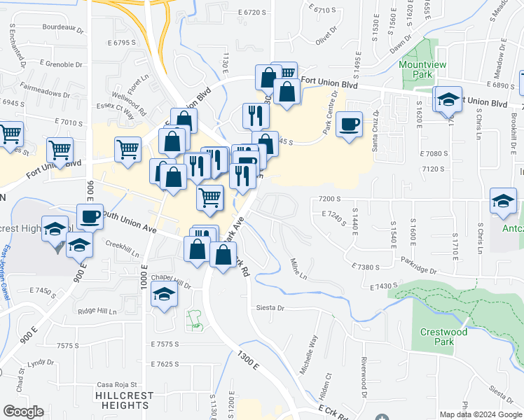 map of restaurants, bars, coffee shops, grocery stores, and more near 1282 Ridge Meadow Lane in Midvale