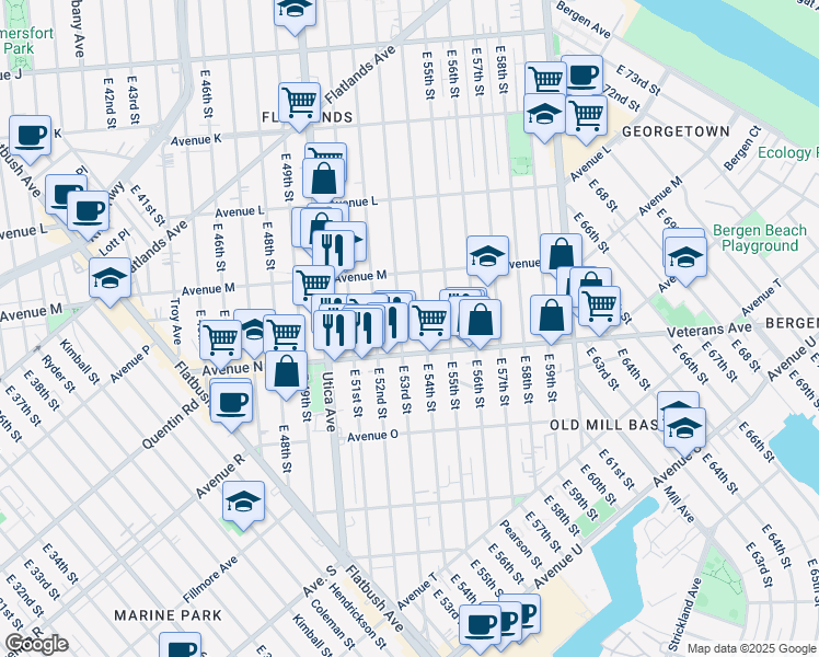 map of restaurants, bars, coffee shops, grocery stores, and more near 1541 East 54th Street in Brooklyn