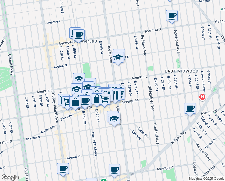 map of restaurants, bars, coffee shops, grocery stores, and more near 1724 Ocean Avenue in Brooklyn