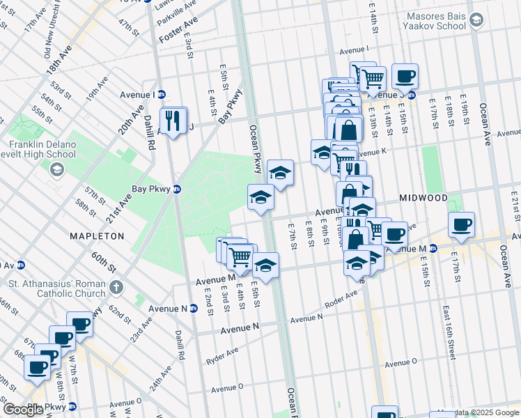 map of restaurants, bars, coffee shops, grocery stores, and more near 1187 Ocean Parkway in Brooklyn